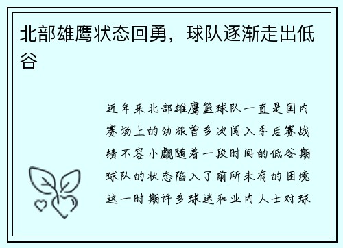 北部雄鹰状态回勇，球队逐渐走出低谷