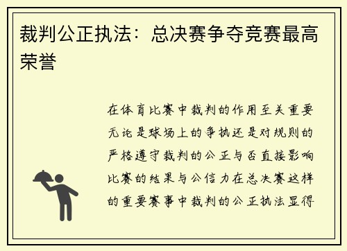裁判公正执法：总决赛争夺竞赛最高荣誉