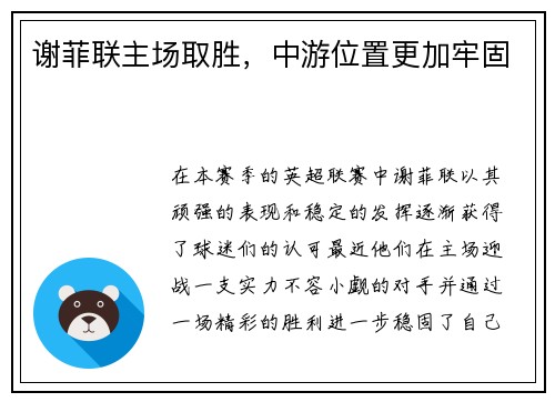 谢菲联主场取胜，中游位置更加牢固