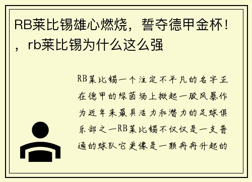 RB莱比锡雄心燃烧，誓夺德甲金杯！，rb莱比锡为什么这么强
