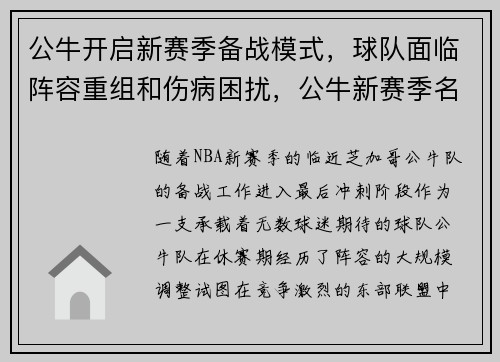 公牛开启新赛季备战模式，球队面临阵容重组和伤病困扰，公牛新赛季名单