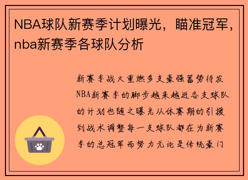 NBA球队新赛季计划曝光，瞄准冠军，nba新赛季各球队分析