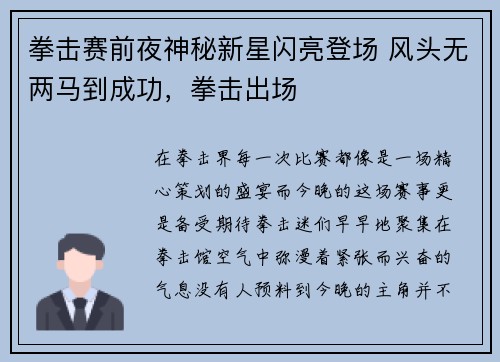 拳击赛前夜神秘新星闪亮登场 风头无两马到成功，拳击出场